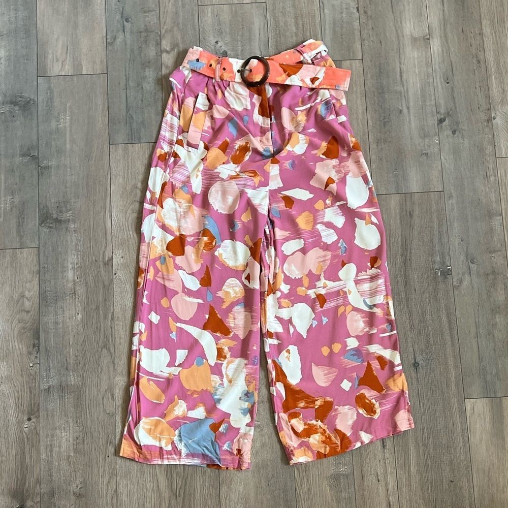 NATIVE YOUTH Colorful Abstract Art Pattern High Waisted Cropped Belted Pants XS
